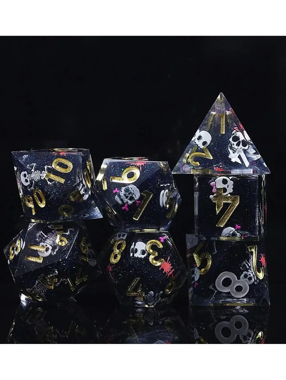 (RA) 7 Piece Polyhedral Black DND Dungeons & Dragons Skeleton Skull Dice RPG D&D